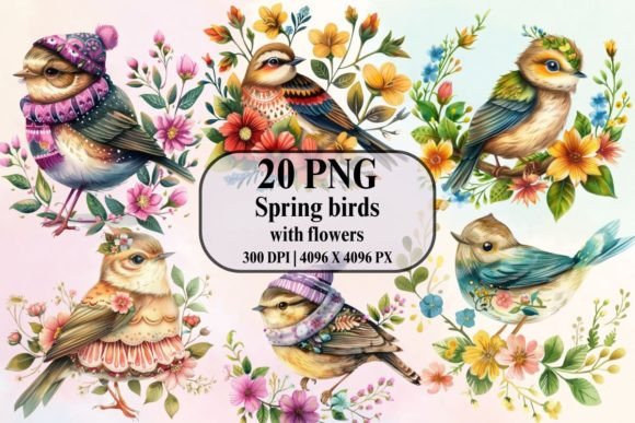 Download Cute Spring Birds with Flowers - Spring birds Collection