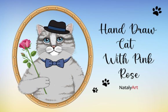 Download Hand Draw Cat with Pink Rose. - Ink Collection